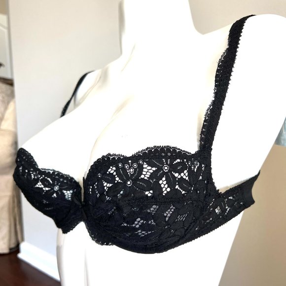 Vintage Lou Bra from Paris France Dainty Daisy Lace flowers & Bows Black 34B 36C - Picture 1 of 15